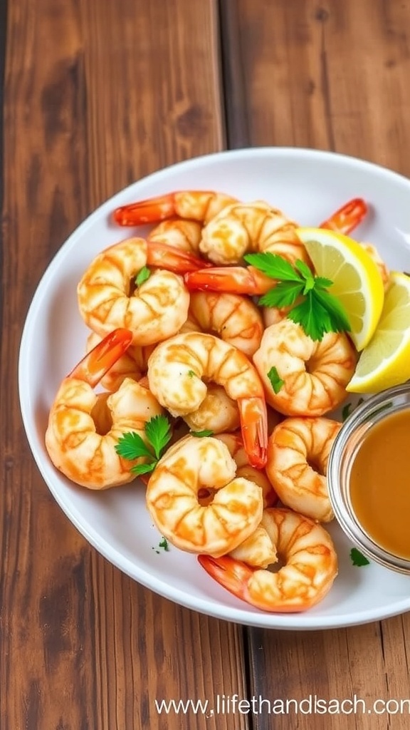 Crispy Air Fryer Shrimp with Old Bay Seasoning Crispy air fryer shrimp with Old Bay seasoning, garnished with parsley and lemon, served on a white plate.